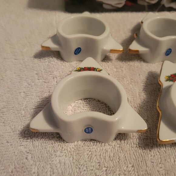 Christmas Porcelain Napkin Set 6 Rings Vtg 1988 Hand Painted 24K Gold Trim-Japan - Picture 4 of 7